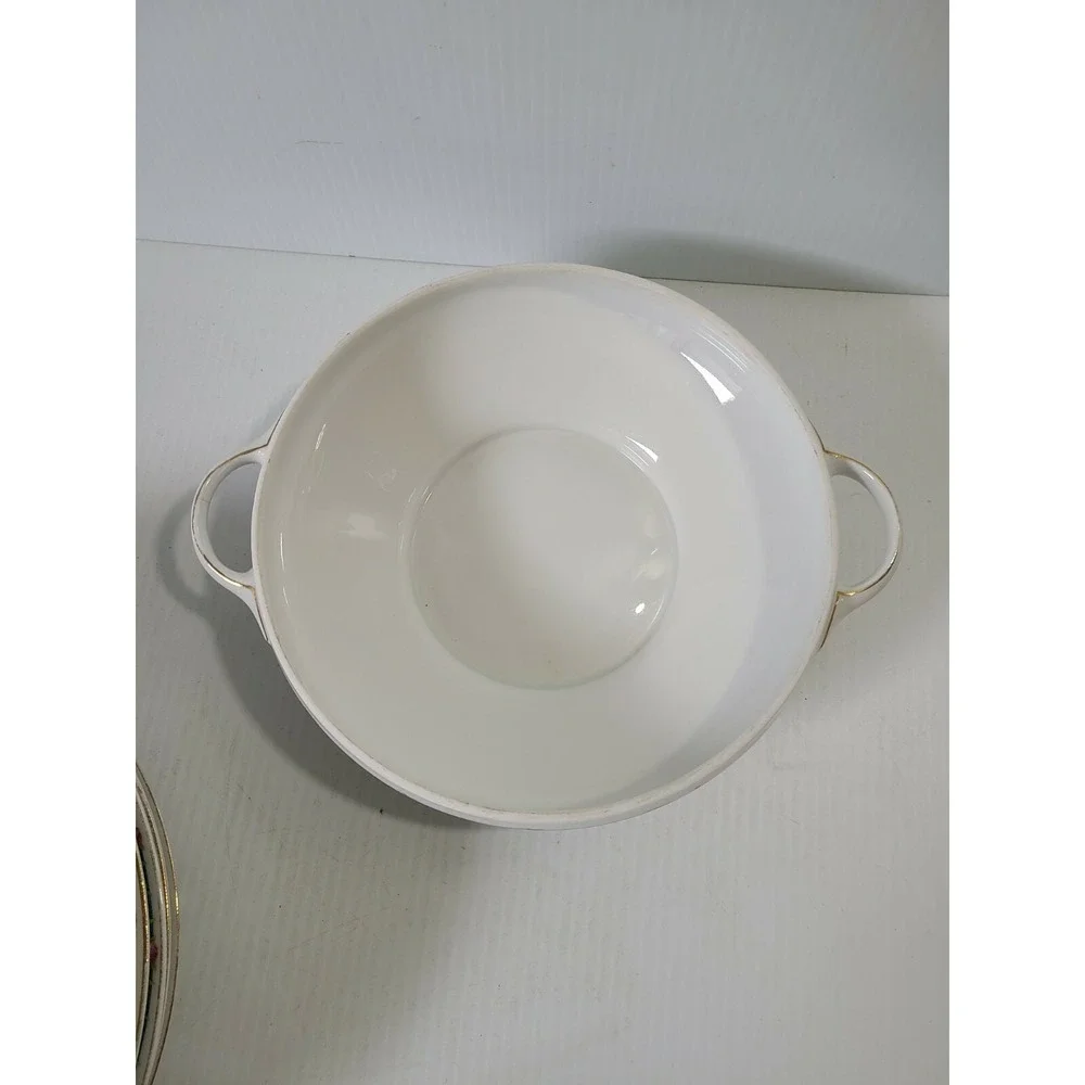 J & C TRIANON Bavaria Round Covered Serving Dish Bowl Pink Roses Blue Ribbon